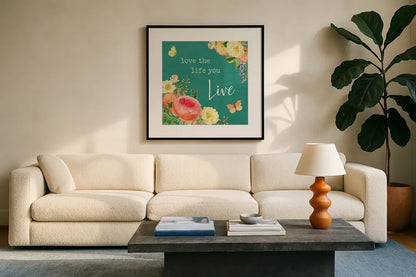 Garden District II by Katie Pertiet. Displayed in a glass frame with matte in a clean modern living room. Available as an archival giclee rolled canvas, fine art paper, or poster print. SKU 57625a.
