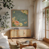 Garden District II Sage by Katie Pertiet. Shown in a natural wood frame in a cozy modern living room. Available as an archival giclee rolled canvas, fine art paper, or poster print. SKU 69174a.