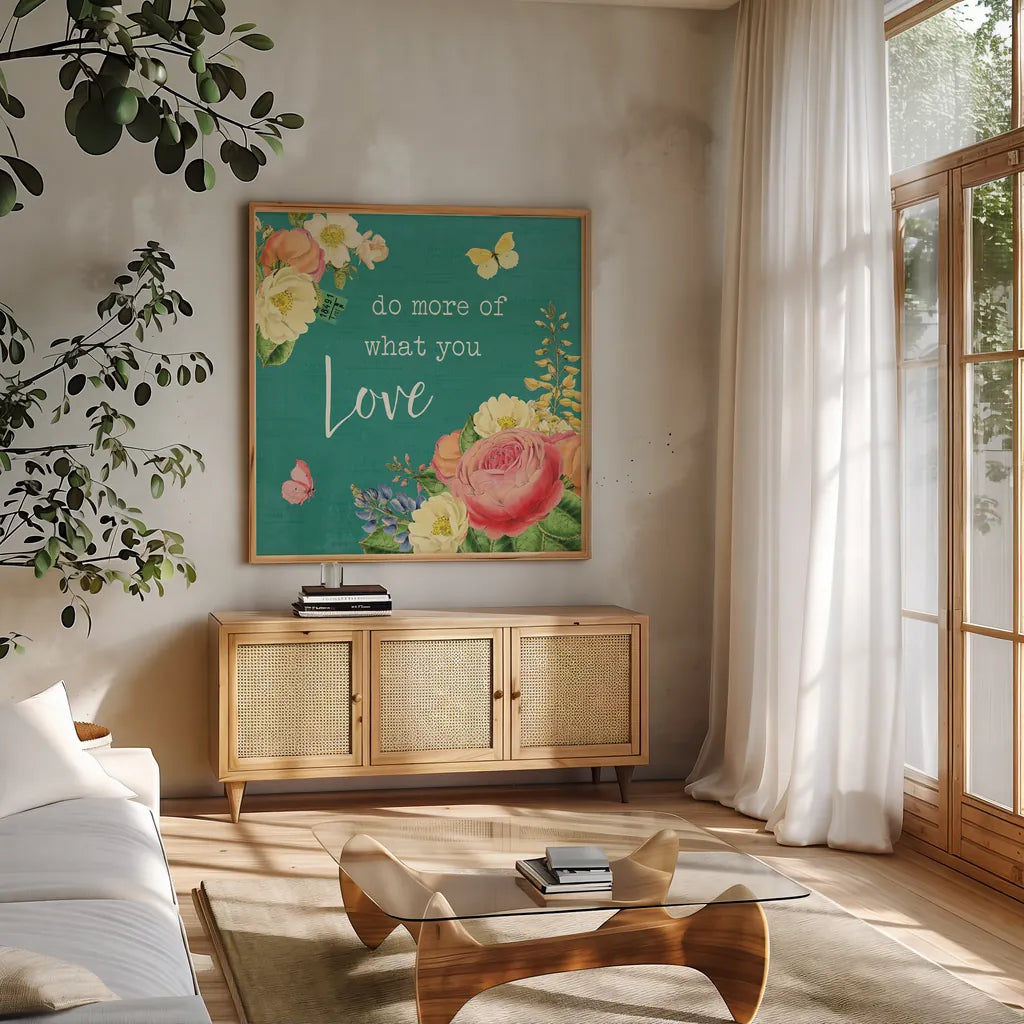 Garden District III by Katie Pertiet. Shown in a natural wood frame in a cozy modern living room. Available as an archival giclee rolled canvas, fine art paper, or poster print. SKU 57626a.