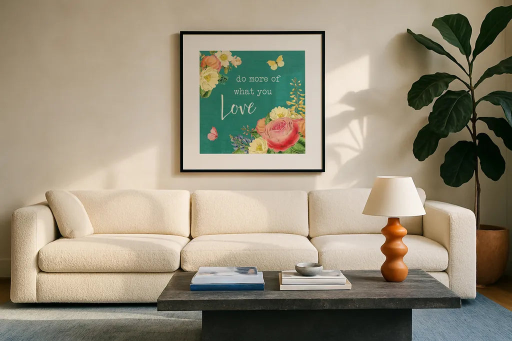 Garden District III by Katie Pertiet. Displayed in a glass frame with matte in a clean modern living room. Available as an archival giclee rolled canvas, fine art paper, or poster print. SKU 57626a.