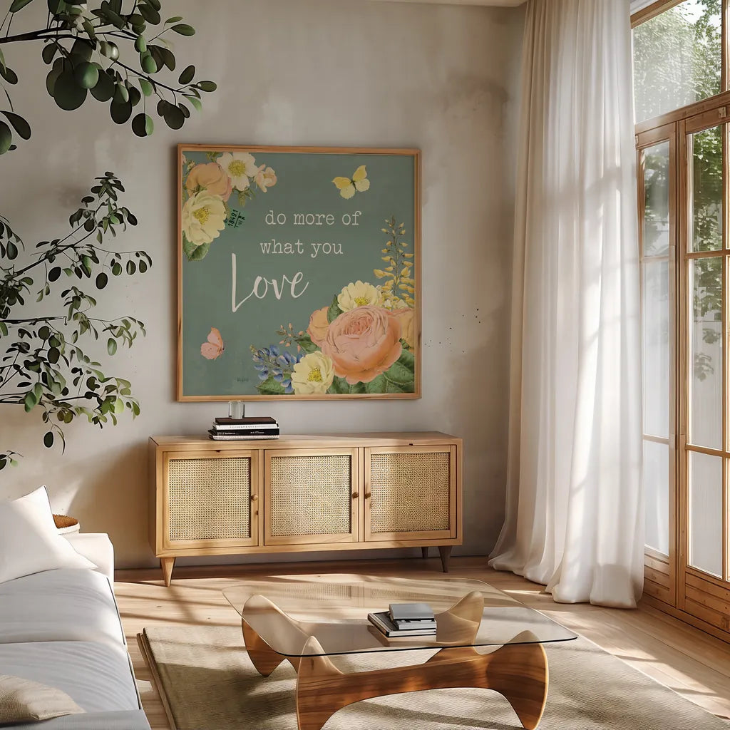 Garden District III Sage by Katie Pertiet. Shown in a natural wood frame in a cozy modern living room. Available as an archival giclee rolled canvas, fine art paper, or poster print. SKU 69175a.