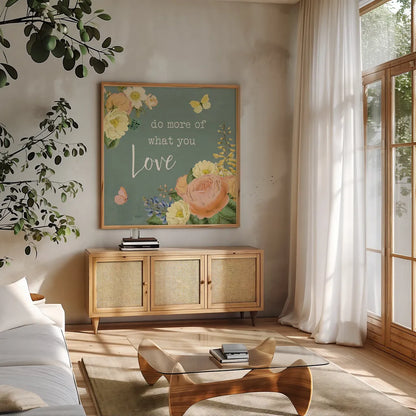 Garden District III Sage by Katie Pertiet. Shown in a natural wood frame in a cozy modern living room. Available as an archival giclee rolled canvas, fine art paper, or poster print. SKU 69175a.