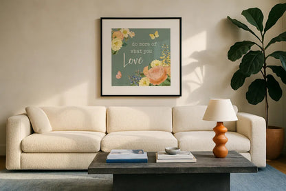 Garden District III Sage by Katie Pertiet. Displayed in a glass frame with matte in a clean modern living room. Available as an archival giclee rolled canvas, fine art paper, or poster print. SKU 69175a.