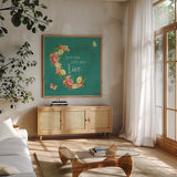 Garden District IV by Katie Pertiet. Shown in a natural wood frame in a cozy modern living room. Available as an archival giclee rolled canvas, fine art paper, or poster print. SKU 57627a.