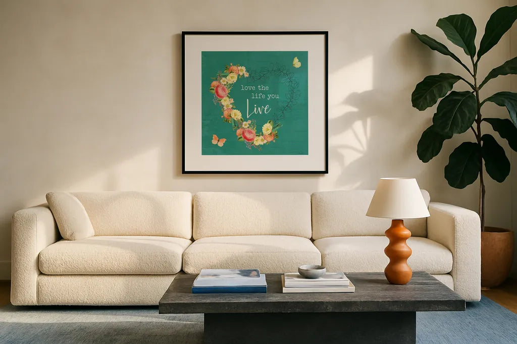 Garden District IV by Katie Pertiet. Displayed in a glass frame with matte in a clean modern living room. Available as an archival giclee rolled canvas, fine art paper, or poster print. SKU 57627a.