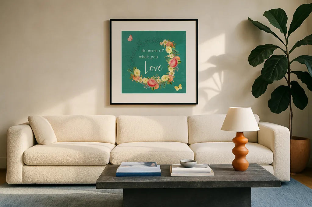 Garden District V by Katie Pertiet. Displayed in a glass frame with matte in a clean modern living room. Available as an archival giclee rolled canvas, fine art paper, or poster print. SKU 57628a.