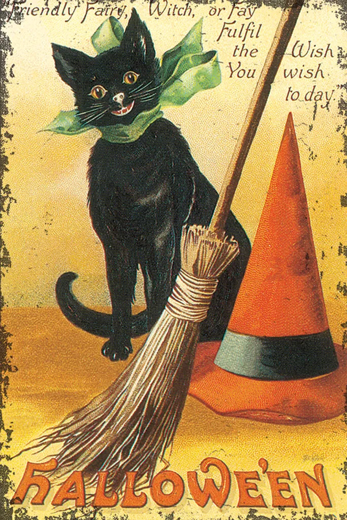 Halloween Nostalgia Cat with Broom by Katie Pertiet. SKU 57290h. Archival Giclee Fine art print for wall decor.