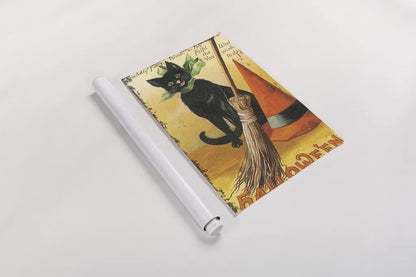Halloween Nostalgia Cat with Broom by Katie Pertiet. shown as a rolled paper print. Available as archival giclee rolled canvas, fine art paper, or poster print. SKU 57290h.