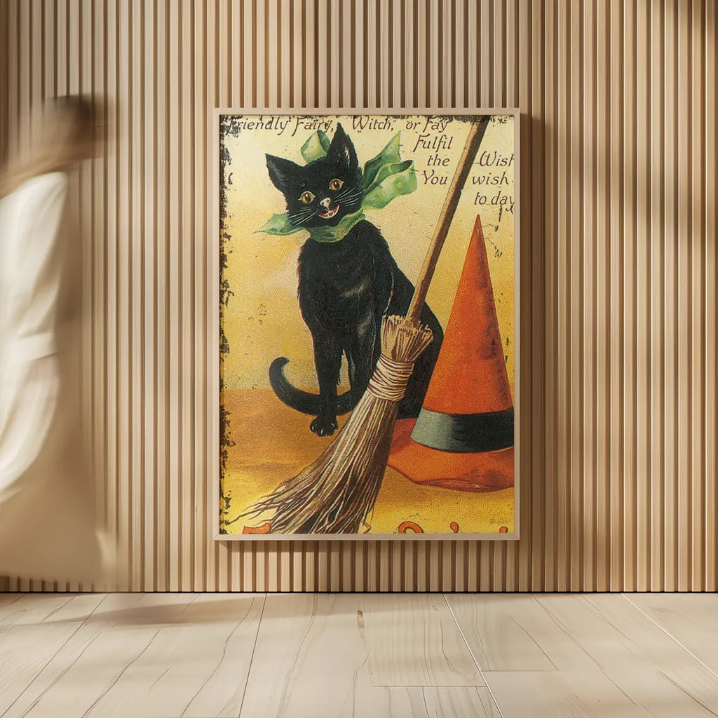 Halloween Nostalgia Cat with Broom by Katie Pertiet. shown as over sized large wall art. Available as an archival giclee rolled canvas, fine art paper, or poster print. SKU 57290h.