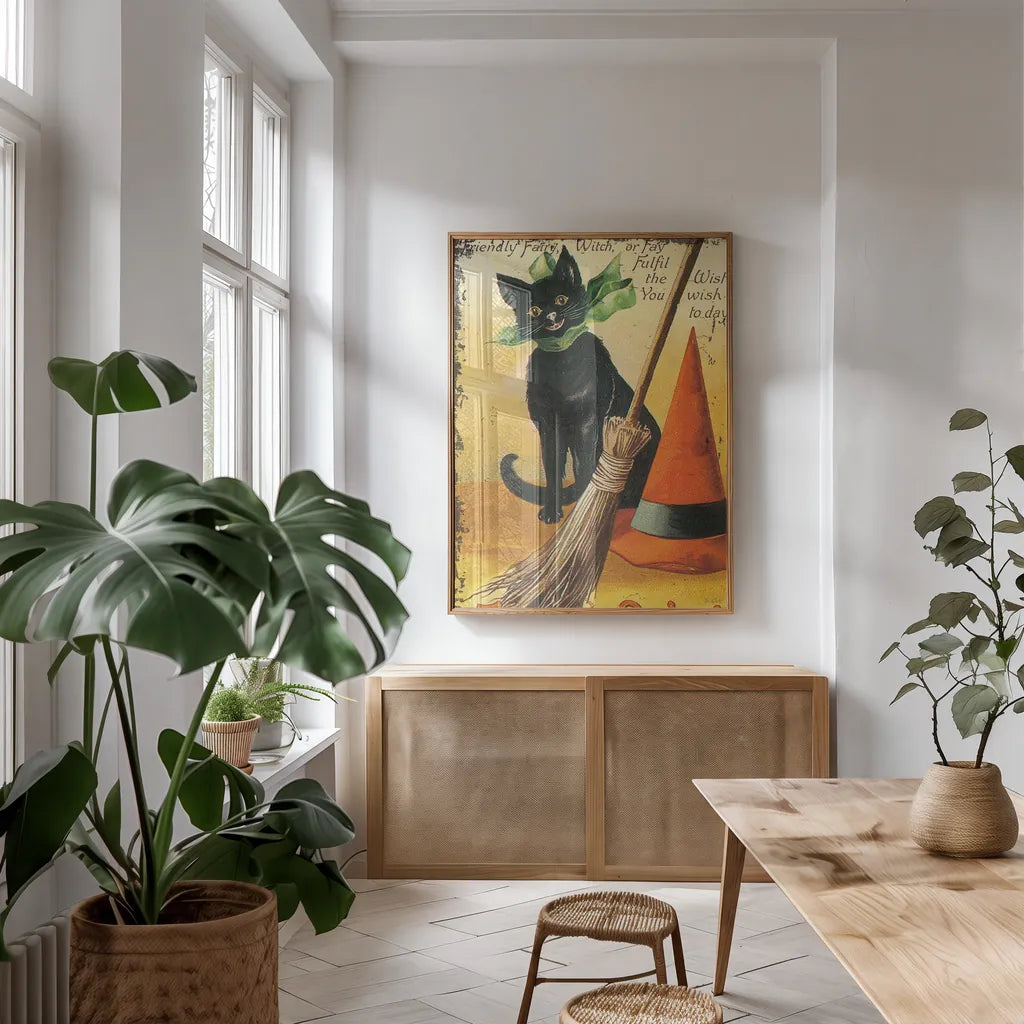Halloween Nostalgia Cat with Broom by Katie Pertiet. shown as a print in a natural wood frame in a dining room. Available as a archival giclee rolled canvas, fine art paper, or poster print. SKU 57290h.