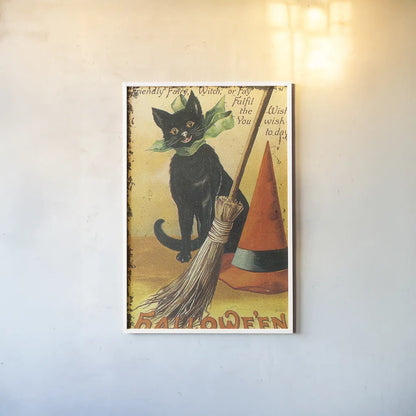 Halloween Nostalgia Cat with Broom by Katie Pertiet. shown as a paper print in a white frame. Available as a archival giclee rolled canvas, fine art paper, or poster print. SKU 57290h.