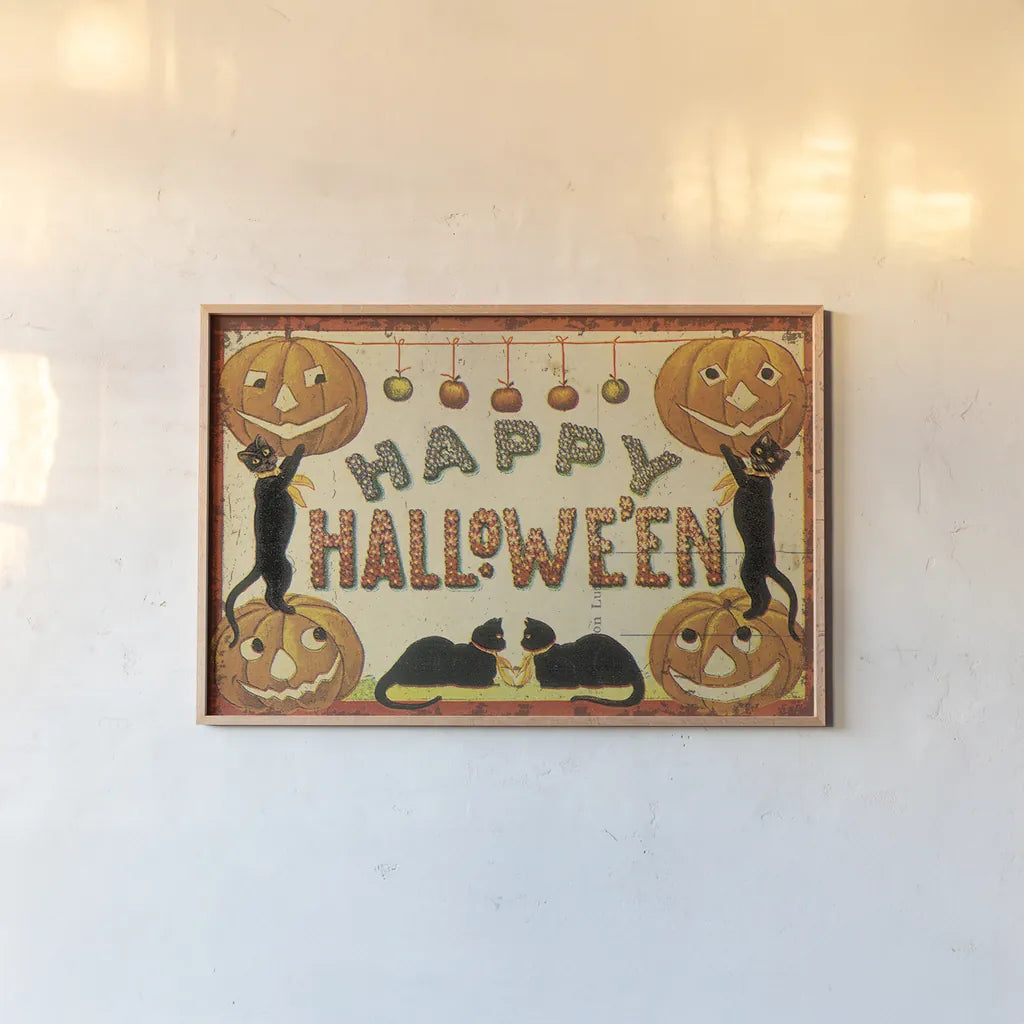 Halloween Nostalgia Happy Halloween by Katie Pertiet. shown as a paper print in a natural frame. Available as a archival giclee rolled canvas, fine art paper, or poster print. SKU 57289i.