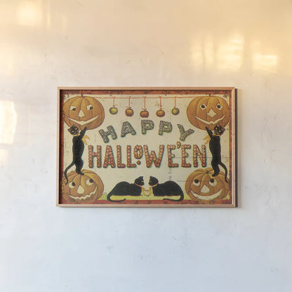 Halloween Nostalgia Happy Halloween by Katie Pertiet. shown as a paper print in a natural frame. Available as a archival giclee rolled canvas, fine art paper, or poster print. SKU 57289i.