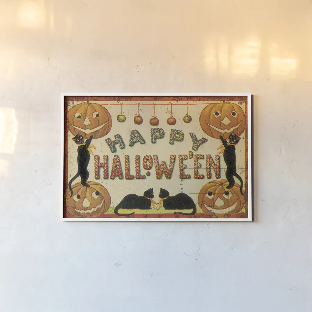 Halloween Nostalgia Happy Halloween by Katie Pertiet. shown as a paper print in a white frame. Available as a archival giclee rolled canvas, fine art paper, or poster print. SKU 57289i.