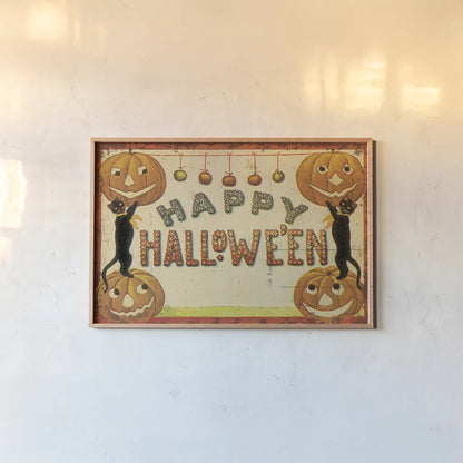 Halloween Nostalgia Happy Halloween v2 by Katie Pertiet. shown as a paper print in a natural frame. Available as a archival giclee rolled canvas, fine art paper, or poster print. SKU 61452i.