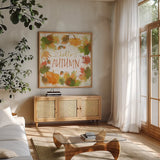 Harvest Splash I by Katie Pertiet. Shown in a natural wood frame in a cozy modern living room. Available as an archival giclee rolled canvas, fine art paper, or poster print. SKU 35214a.