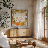 Harvest Splash II by Katie Pertiet. Shown in a natural wood frame in a cozy modern living room. Available as an archival giclee rolled canvas, fine art paper, or poster print. SKU 35215a.