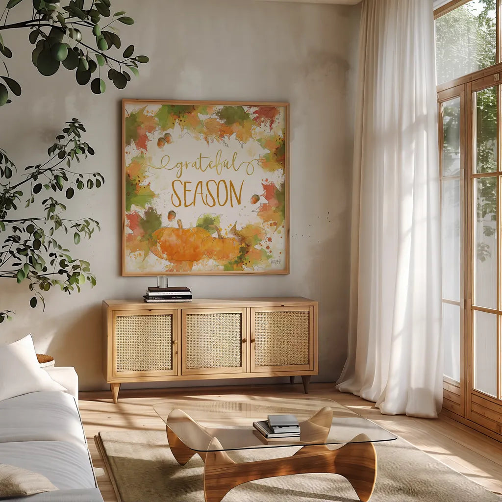 Harvest Splash II by Katie Pertiet. Shown in a natural wood frame in a cozy modern living room. Available as an archival giclee rolled canvas, fine art paper, or poster print. SKU 35215a.