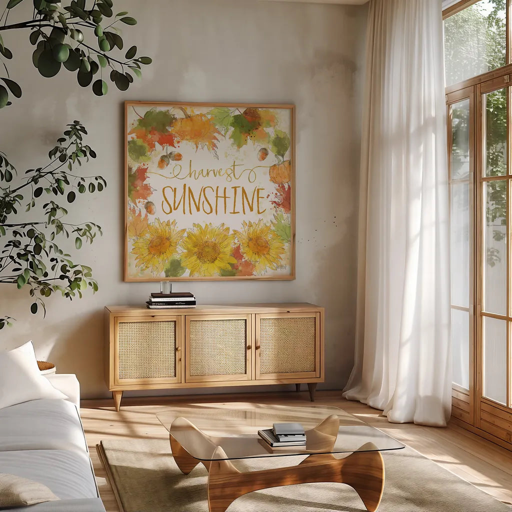 Harvest Splash III by Katie Pertiet. Shown in a natural wood frame in a cozy modern living room. Available as an archival giclee rolled canvas, fine art paper, or poster print. SKU 35216a.