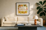 Harvest Splash III by Katie Pertiet. Displayed in a glass frame with matte in a clean modern living room. Available as an archival giclee rolled canvas, fine art paper, or poster print. SKU 35216a.