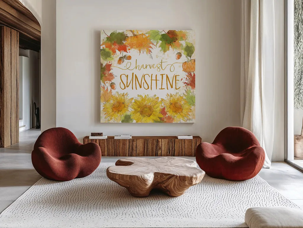 Harvest Splash III by Katie Pertiet. Shown as extra-large giant wall art in a modern living room. Available as an archival giclee rolled canvas, fine art paper, or poster print. SKU 35216a.