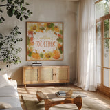 Harvest Splash IV by Katie Pertiet. Shown in a natural wood frame in a cozy modern living room. Available as an archival giclee rolled canvas, fine art paper, or poster print. SKU 35217a.