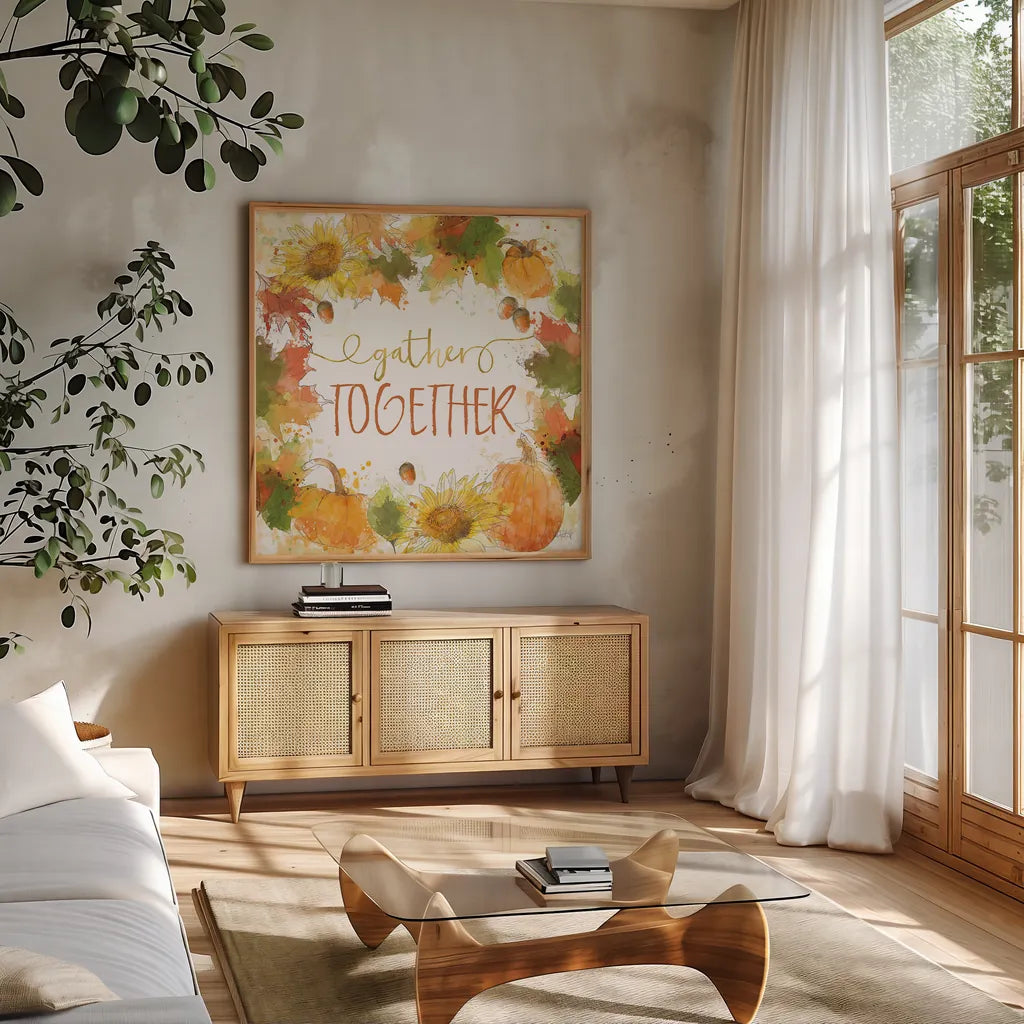 Harvest Splash IV by Katie Pertiet. Shown in a natural wood frame in a cozy modern living room. Available as an archival giclee rolled canvas, fine art paper, or poster print. SKU 35217a.