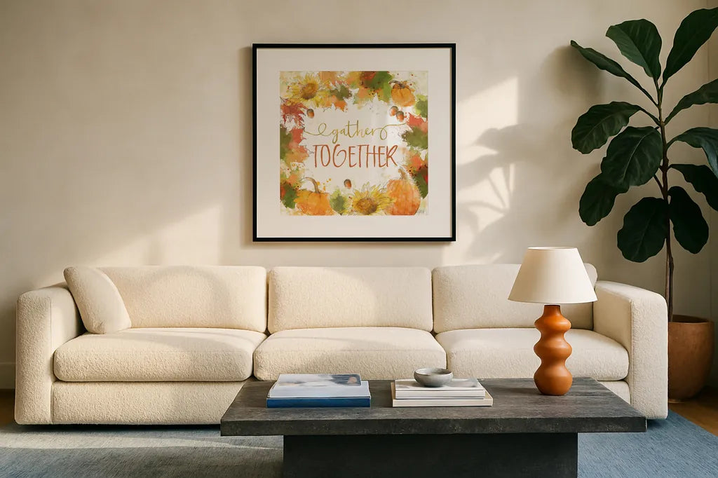 Harvest Splash IV by Katie Pertiet. Displayed in a glass frame with matte in a clean modern living room. Available as an archival giclee rolled canvas, fine art paper, or poster print. SKU 35217a.