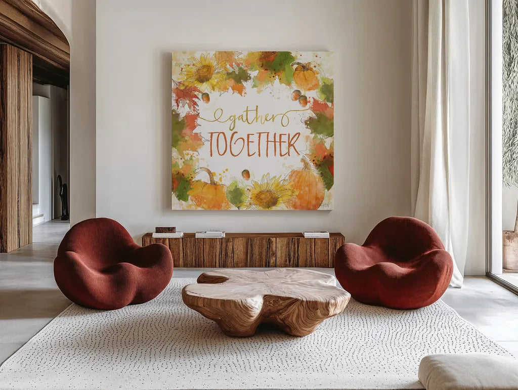 Harvest Splash IV by Katie Pertiet. Shown as extra-large giant wall art in a modern living room. Available as an archival giclee rolled canvas, fine art paper, or poster print. SKU 35217a.