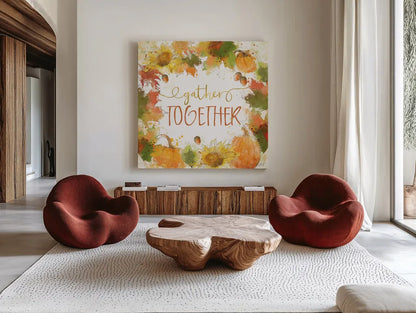 Harvest Splash IV by Katie Pertiet. Shown as extra-large giant wall art in a modern living room. Available as an archival giclee rolled canvas, fine art paper, or poster print. SKU 35217a.