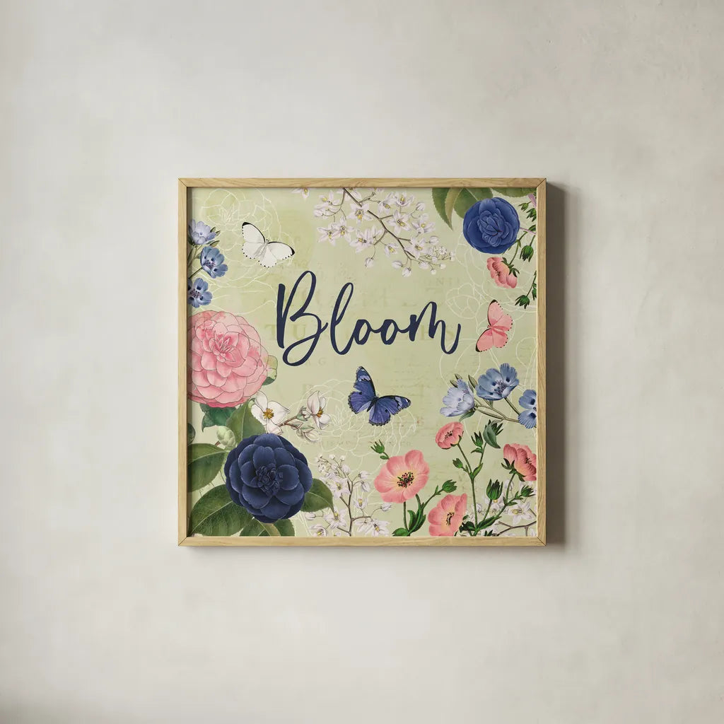 Indigo Garden II by Katie Pertiet. Shown in a natural wood glass frame for a timeless modern aesthetic. Available as an archival giclee rolled canvas, fine art paper, or poster print. SKU 94950a.