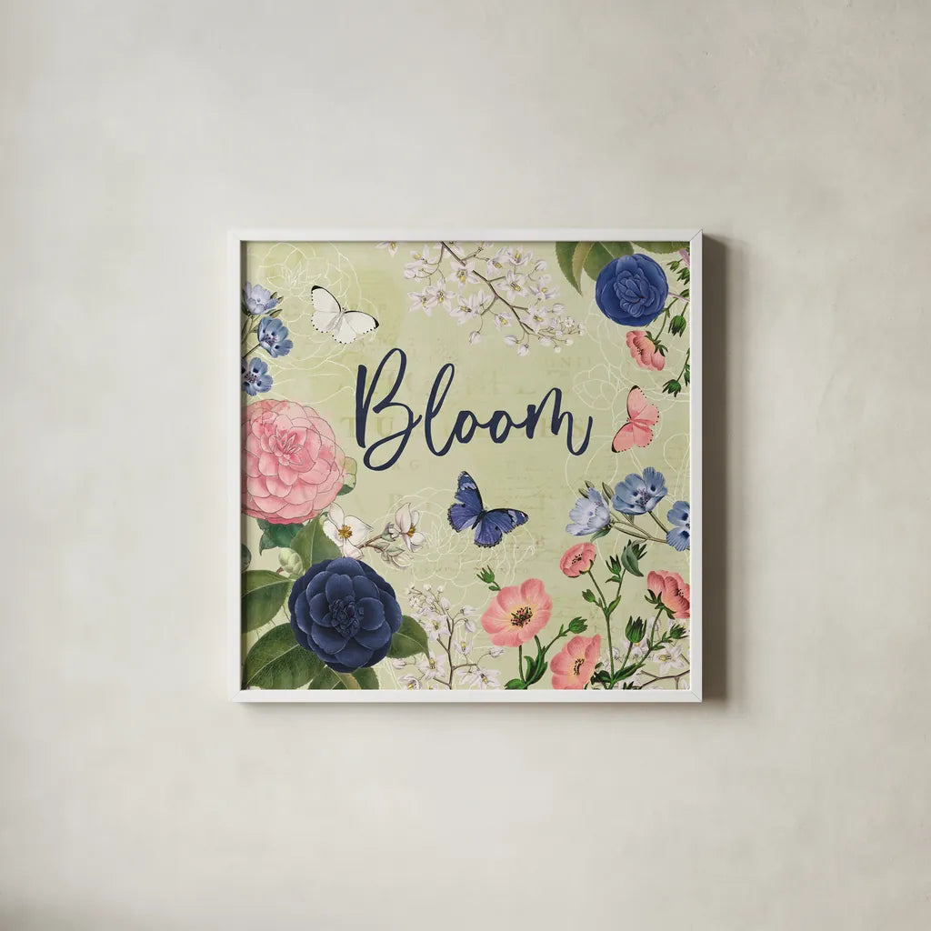 Indigo Garden II by Katie Pertiet. Shown in a crisp white glass frame for a clean and minimalist style. Available as an archival giclee rolled canvas, fine art paper, or poster print. SKU 94950a.