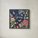 Indigo Garden III by Katie Pertiet. Shown in a sleek black glass frame for a contemporary gallery look. Available as an archival giclee rolled canvas, fine art paper, or poster print. SKU 94951a.