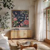 Indigo Garden III by Katie Pertiet. Shown in a natural wood frame in a cozy modern living room. Available as an archival giclee rolled canvas, fine art paper, or poster print. SKU 94951a.