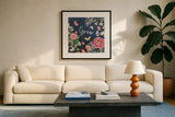 Indigo Garden III by Katie Pertiet. Displayed in a glass frame with matte in a clean modern living room. Available as an archival giclee rolled canvas, fine art paper, or poster print. SKU 94951a.