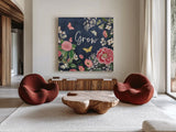 Indigo Garden III by Katie Pertiet. Shown as extra-large giant wall art in a modern living room. Available as an archival giclee rolled canvas, fine art paper, or poster print. SKU 94951a.