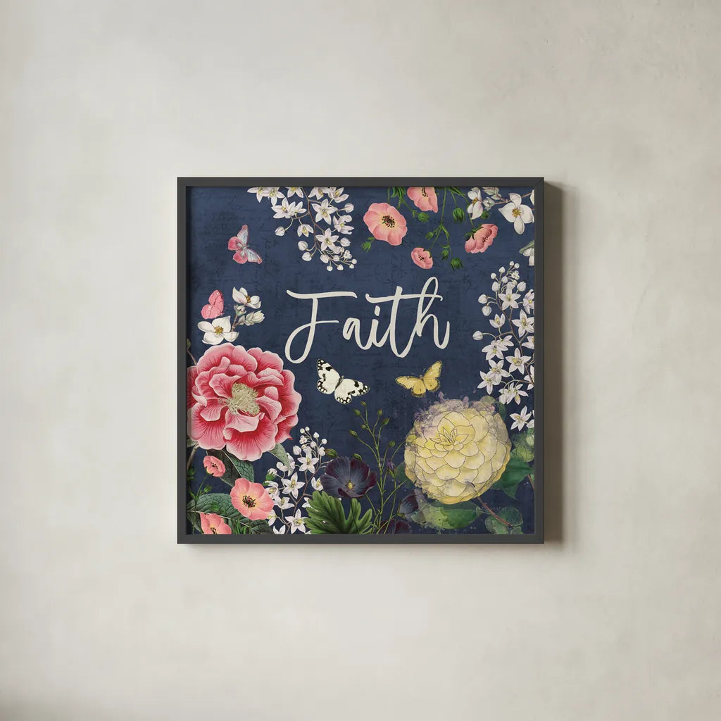 Indigo Garden IV by Katie Pertiet. Shown in a sleek black glass frame for a contemporary gallery look. Available as an archival giclee rolled canvas, fine art paper, or poster print. SKU 94952a.