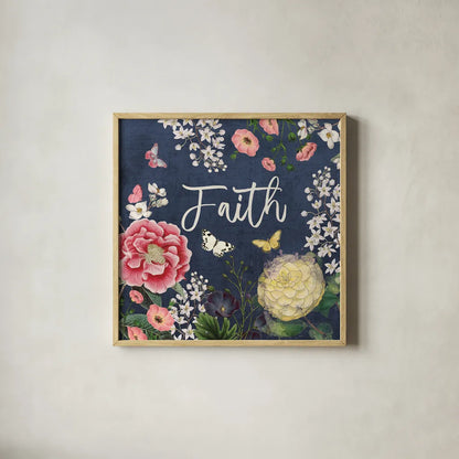 Indigo Garden IV by Katie Pertiet. Shown in a natural wood glass frame for a timeless modern aesthetic. Available as an archival giclee rolled canvas, fine art paper, or poster print. SKU 94952a.