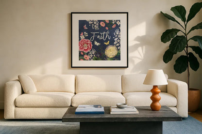 Indigo Garden IV by Katie Pertiet. Displayed in a glass frame with matte in a clean modern living room. Available as an archival giclee rolled canvas, fine art paper, or poster print. SKU 94952a.