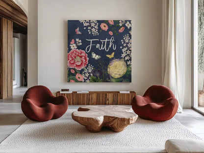 Indigo Garden IV by Katie Pertiet. Shown as extra-large giant wall art in a modern living room. Available as an archival giclee rolled canvas, fine art paper, or poster print. SKU 94952a.