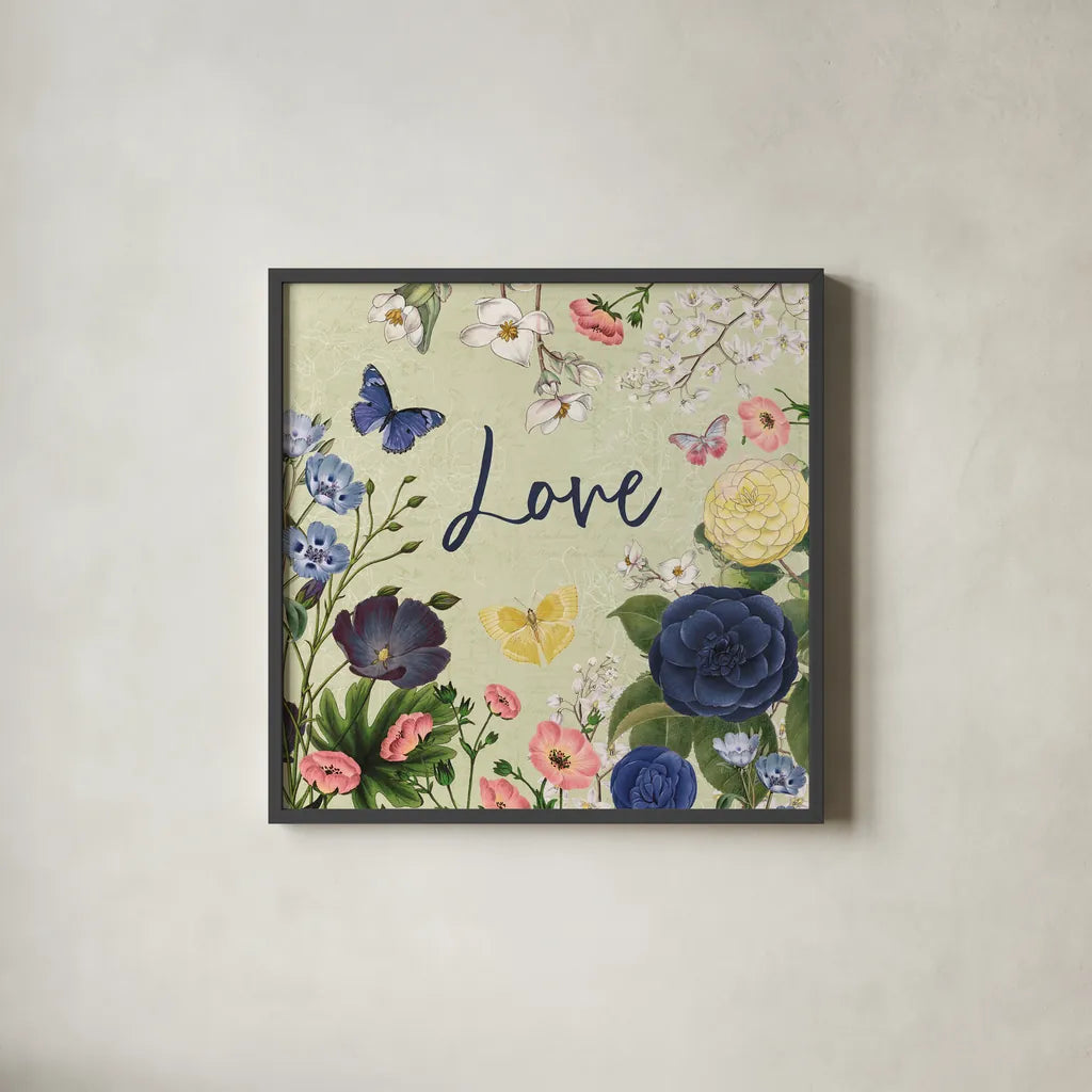 Indigo Garden V by Katie Pertiet. Shown in a sleek black glass frame for a contemporary gallery look. Available as an archival giclee rolled canvas, fine art paper, or poster print. SKU 94953a.