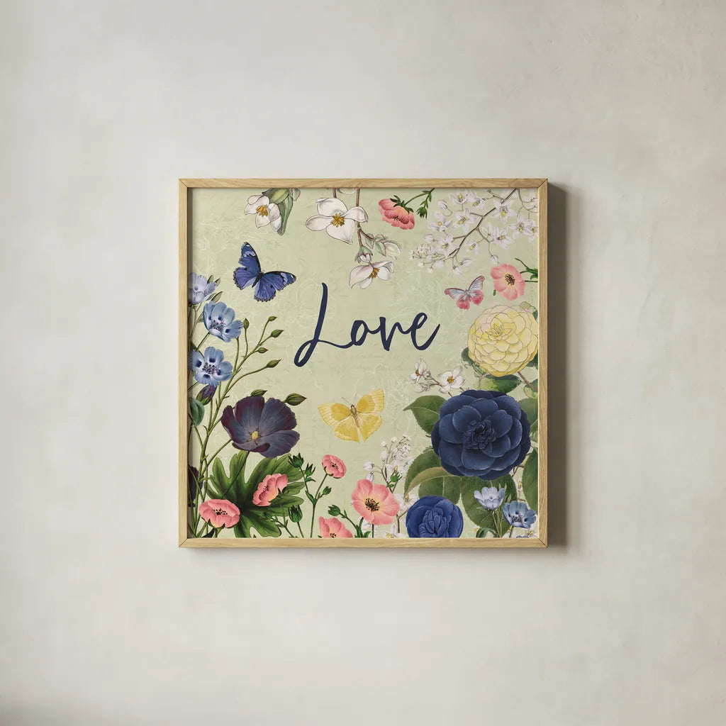 Indigo Garden V by Katie Pertiet. Shown in a natural wood glass frame for a timeless modern aesthetic. Available as an archival giclee rolled canvas, fine art paper, or poster print. SKU 94953a.