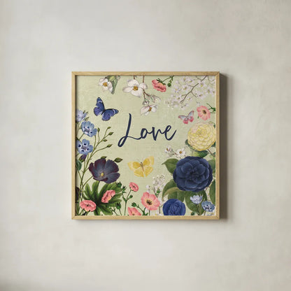 Indigo Garden V by Katie Pertiet. Shown in a natural wood glass frame for a timeless modern aesthetic. Available as an archival giclee rolled canvas, fine art paper, or poster print. SKU 94953a.