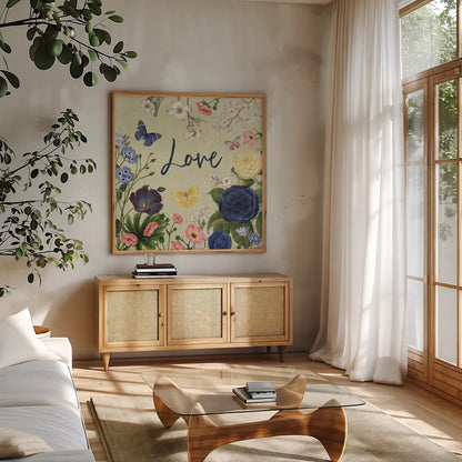 Indigo Garden V by Katie Pertiet. Shown in a natural wood frame in a cozy modern living room. Available as an archival giclee rolled canvas, fine art paper, or poster print. SKU 94953a.