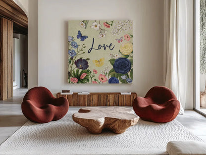 Indigo Garden V by Katie Pertiet. Shown as extra-large giant wall art in a modern living room. Available as an archival giclee rolled canvas, fine art paper, or poster print. SKU 94953a.