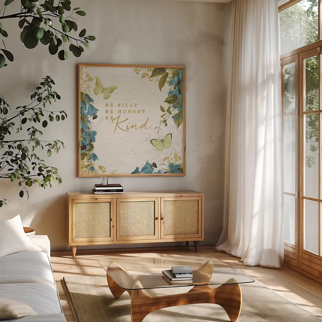 Light Thoughts I by Katie Pertiet. Shown in a natural wood frame in a cozy modern living room. Available as an archival giclee rolled canvas, fine art paper, or poster print. SKU 31817a.