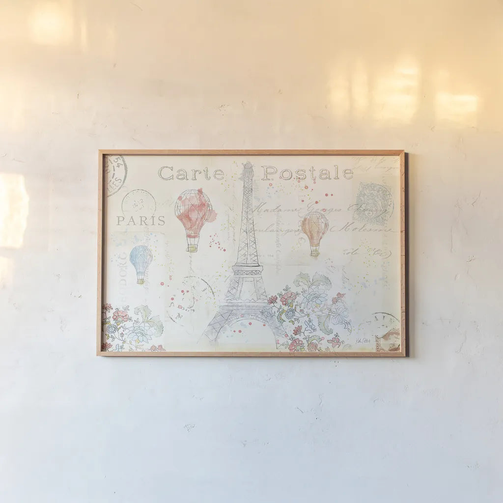 Lighthearted in Paris I by Katie Pertiet. shown as a paper print in a natural frame. Available as a archival giclee rolled canvas, fine art paper, or poster print. SKU 25054i.