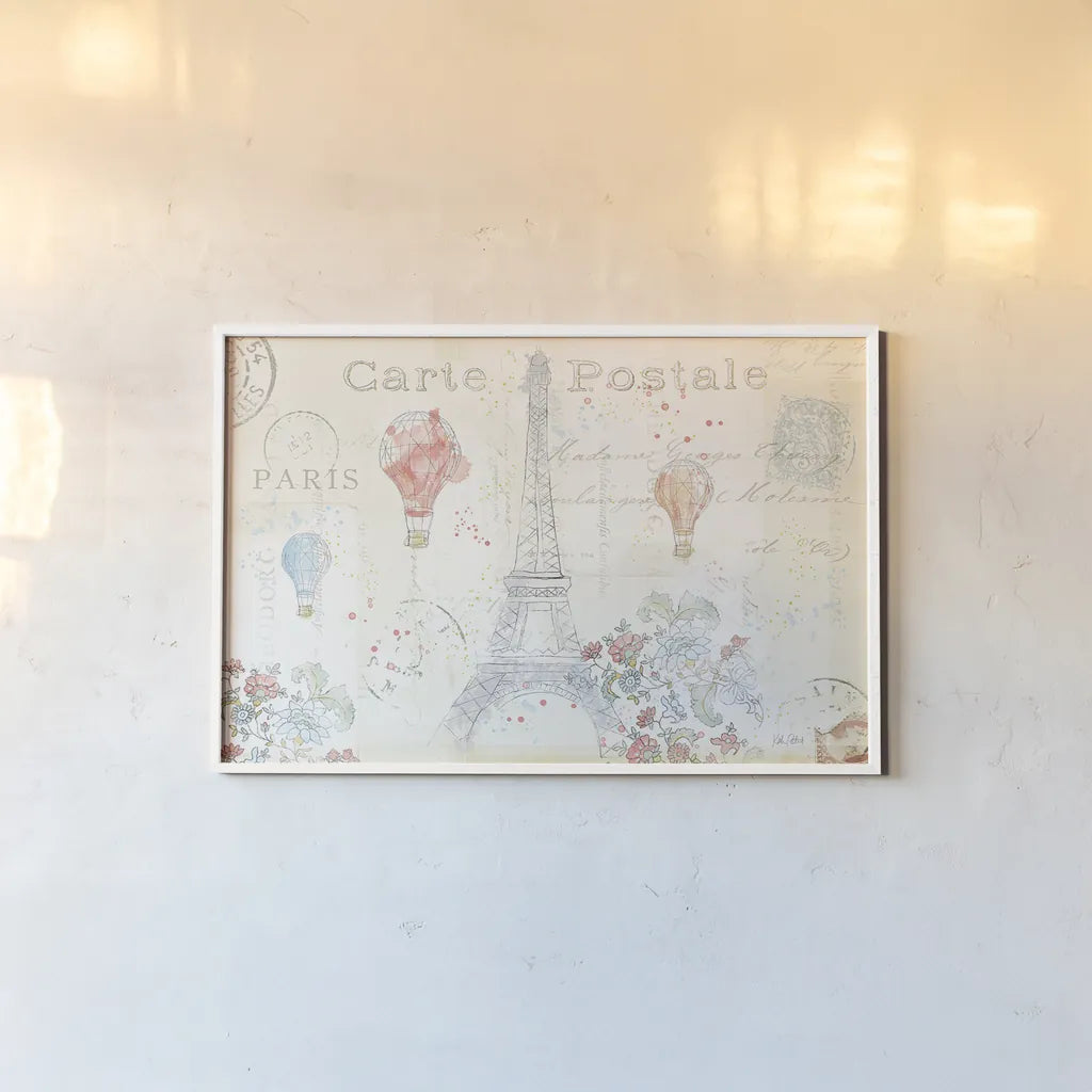 Lighthearted in Paris I by Katie Pertiet. shown as a paper print in a white frame. Available as a archival giclee rolled canvas, fine art paper, or poster print. SKU 25054i.