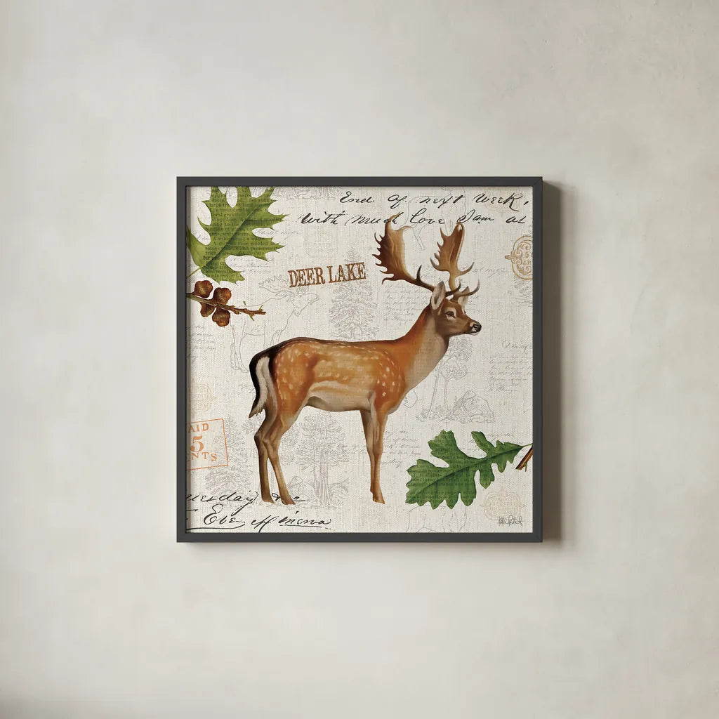 Lodge Collage VII by Katie Pertiet. Shown in a sleek black glass frame for a contemporary gallery look. Available as an archival giclee rolled canvas, fine art paper, or poster print. SKU 24139a.