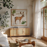 Lodge Collage VII by Katie Pertiet. Shown in a natural wood frame in a cozy modern living room. Available as an archival giclee rolled canvas, fine art paper, or poster print. SKU 24139a.